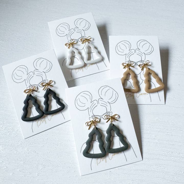 Bow Top Christmas Tree Clay Earrings for wholesale by Britt Cimone
