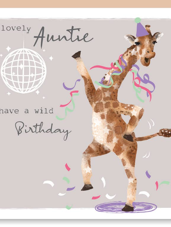 Auntie Giraffe Dancing Birthday Printed Wholesale Card for wholesale by SABIVO Design