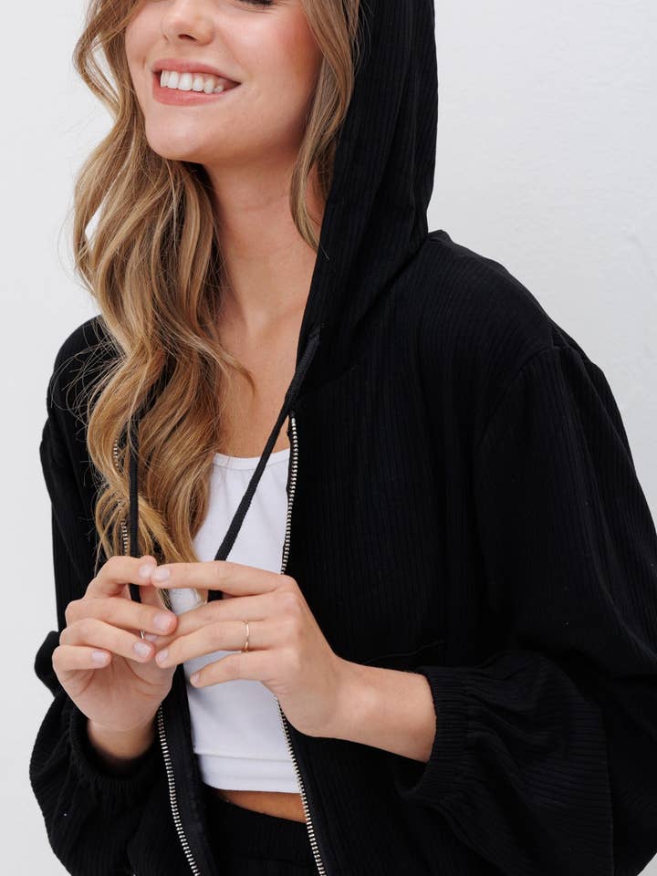 RIBBED KNIT ZIP UP HOODIE AND FLARED SKIRT SET for wholesale by Pink Irene Wholesale