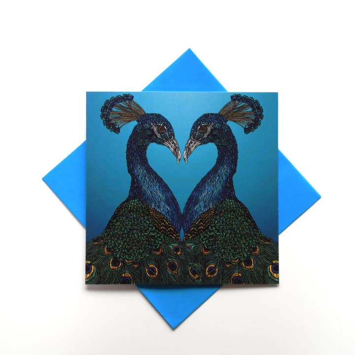 Blank Greeting Card - Peacock Lovers on Blue for wholesale by Rachel Meehan, pictures and words...