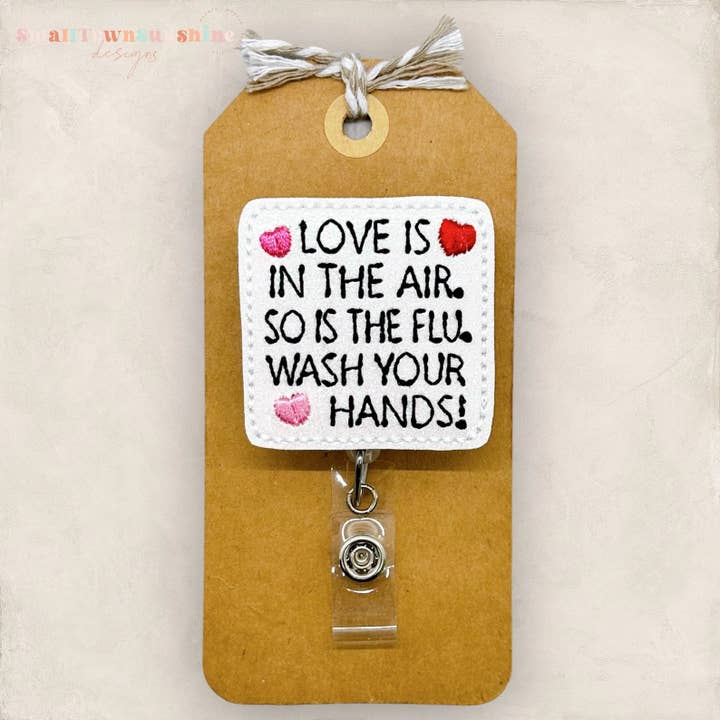 Love & Flu Wash Your Hands Badge Reel - pink/red hearts for wholesale by The SmallTownSunshine Company