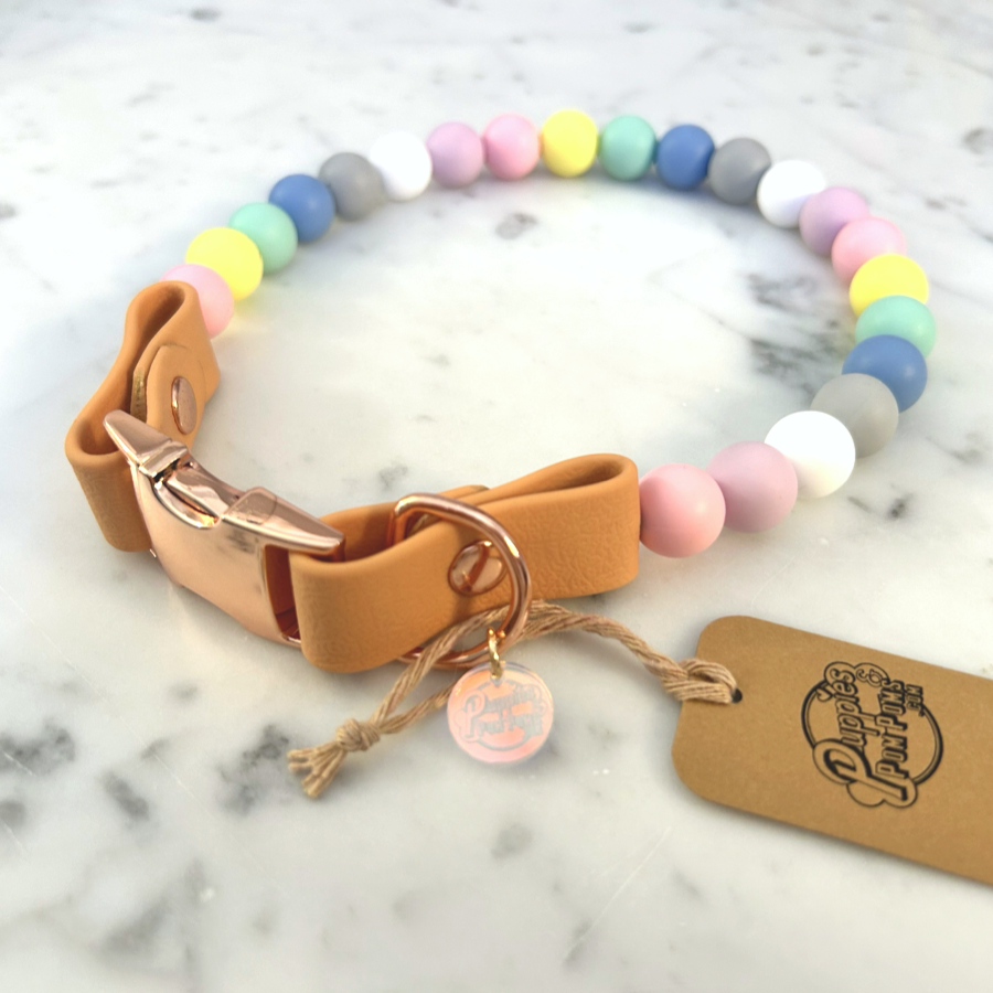 Puppies & Pom Poms - Wholesale Pet Collar - Dog - Handmade Pastel Beads Dog Collar - Quick Release Buckle - Tan1