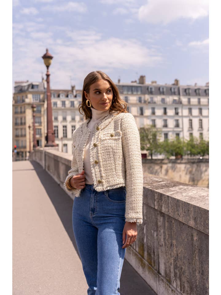 Attentif Paris - Wholesale Blazer – Women's - Cropped crew neck fitted tweed blazer jacket10