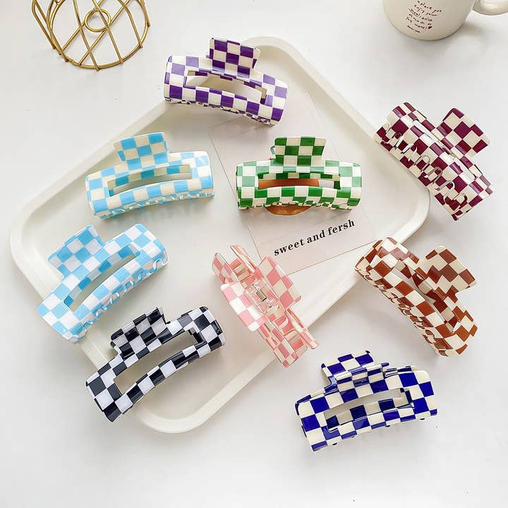 ACCITY - Wholesale Hair Clip - Women's - 4.13"IN SQUARE CHECKERED HAIR CLAW CLIPS_CWAHA0395