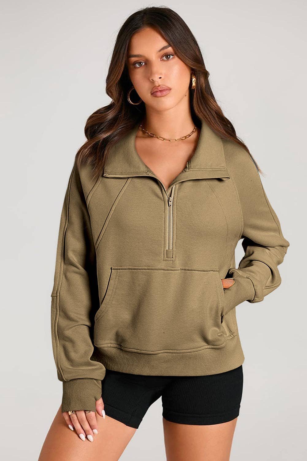 Lovesoft - Wholesale Sweatshirt - Women's - Solid Color Quarter Zip Stand Neck Kangaroo Pocket Sweatshirt16