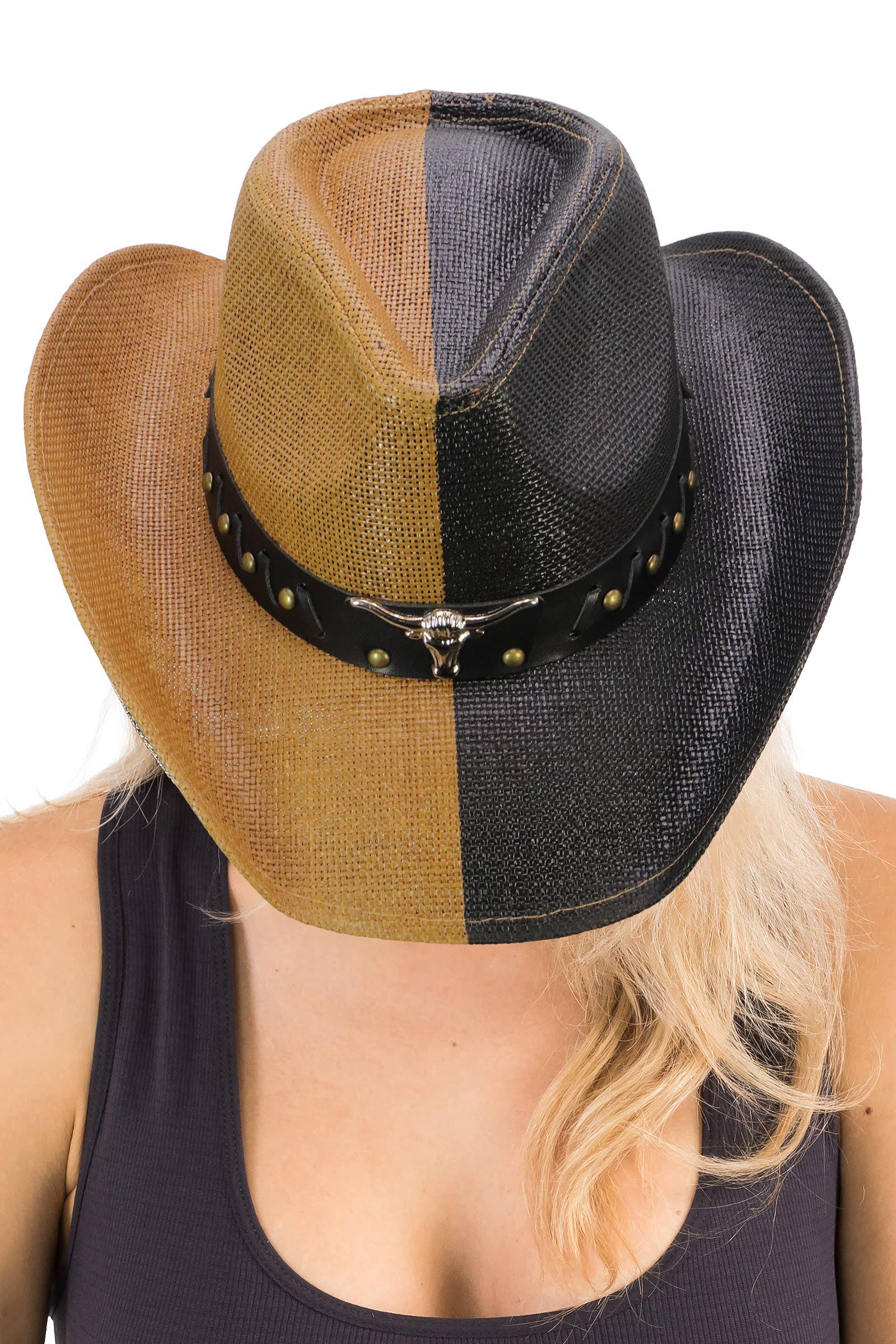 TAN/SORT Cap Zone split-farvet cowboystrohat med Longhorn-bælteemblem for engroshandel på Faire2