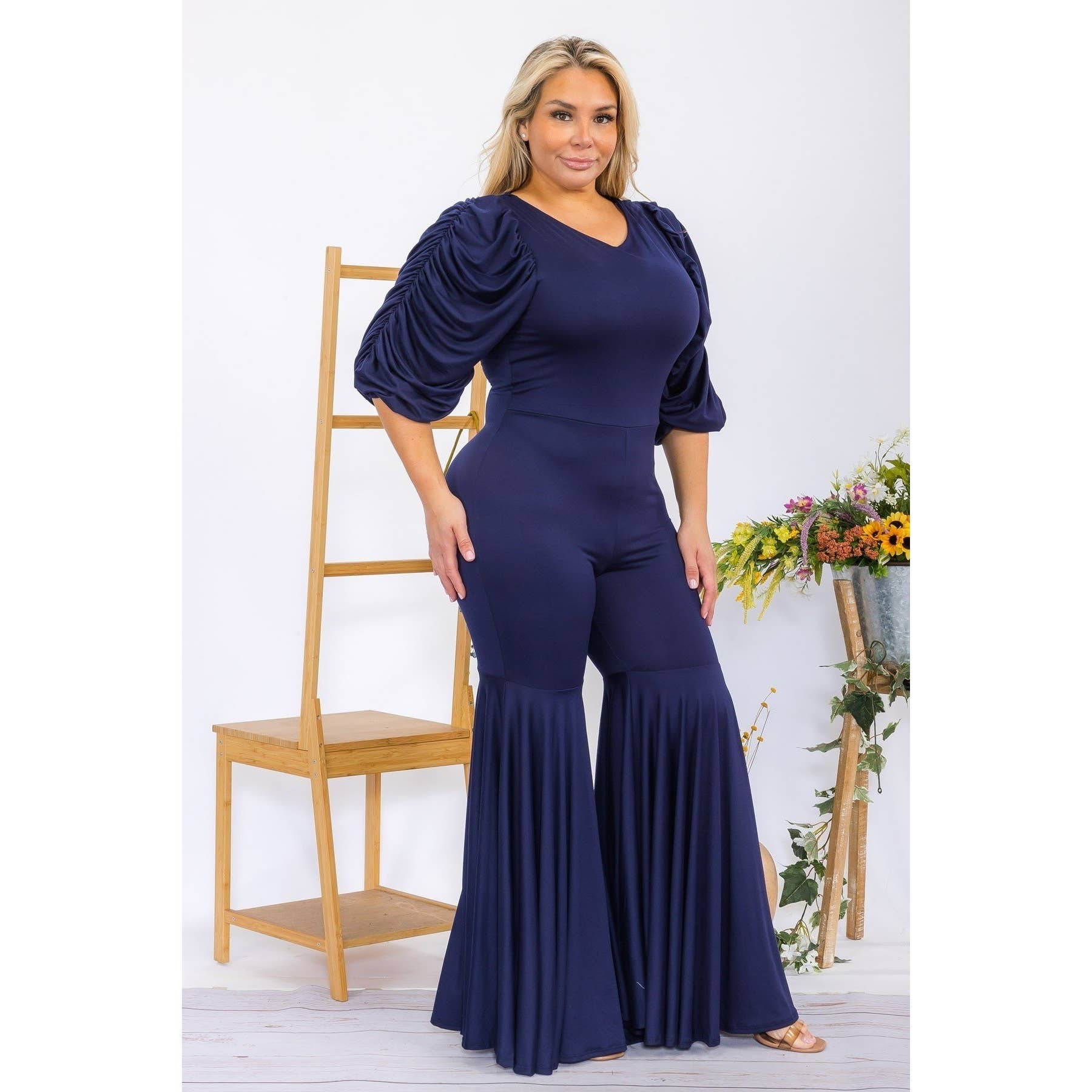 DORCAS - Wholesale Jumpsuit - Women's - PLUS SOLID COLOR PRINTED FLARE LEG JUMPSUIT3