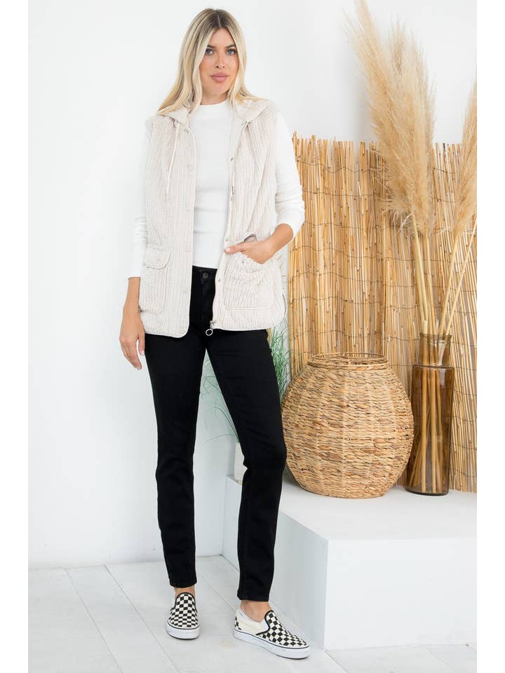 Lt Tan Textured Faux Fur Quilted Line Hoodie Vest for wholesale on Faire