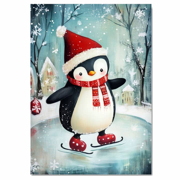 Pingüino patinando con gorro de Santa y bufanda en lienzo enrollado plano para venta al por mayor de Art Paradise Studios