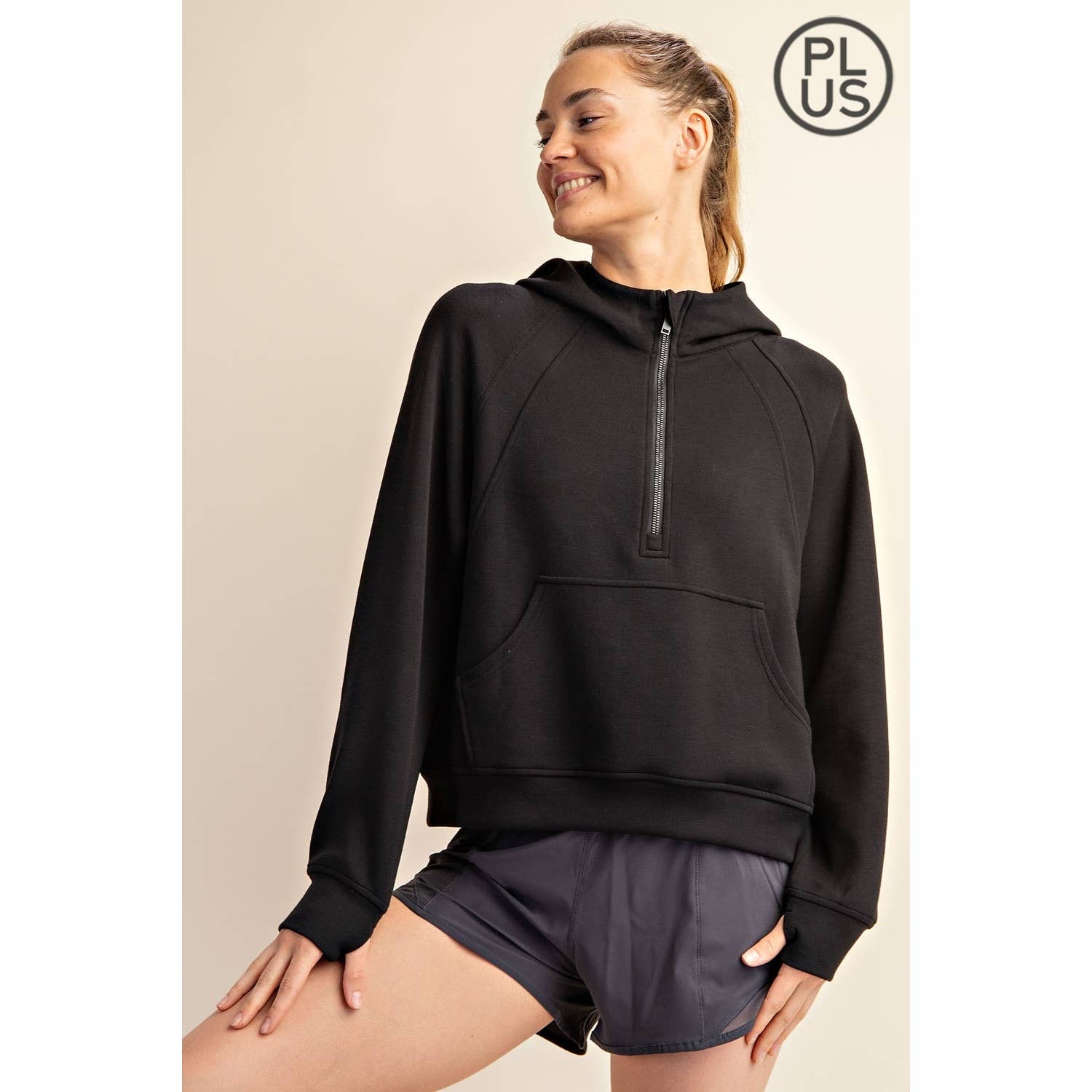 Rae Mode - Vente Veste de sport – femme - VESTE À CAPUCHE QUART DE ZIP EN SCUBA MODAL GRANDE TAILLE52