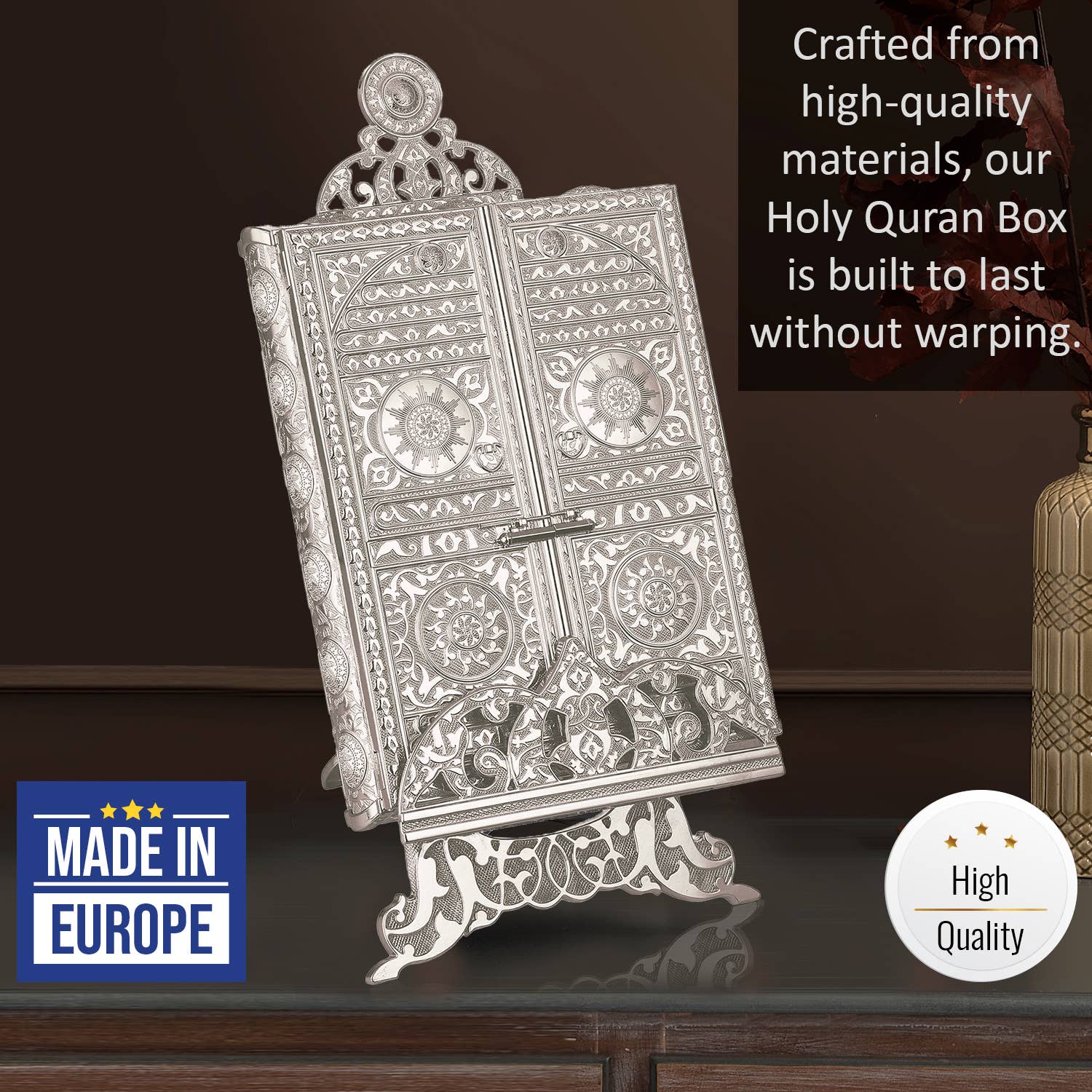Hakan - Wholesale Decorative Box - Luxury Metal Quran Box with Stand, Gold, and Nickel8