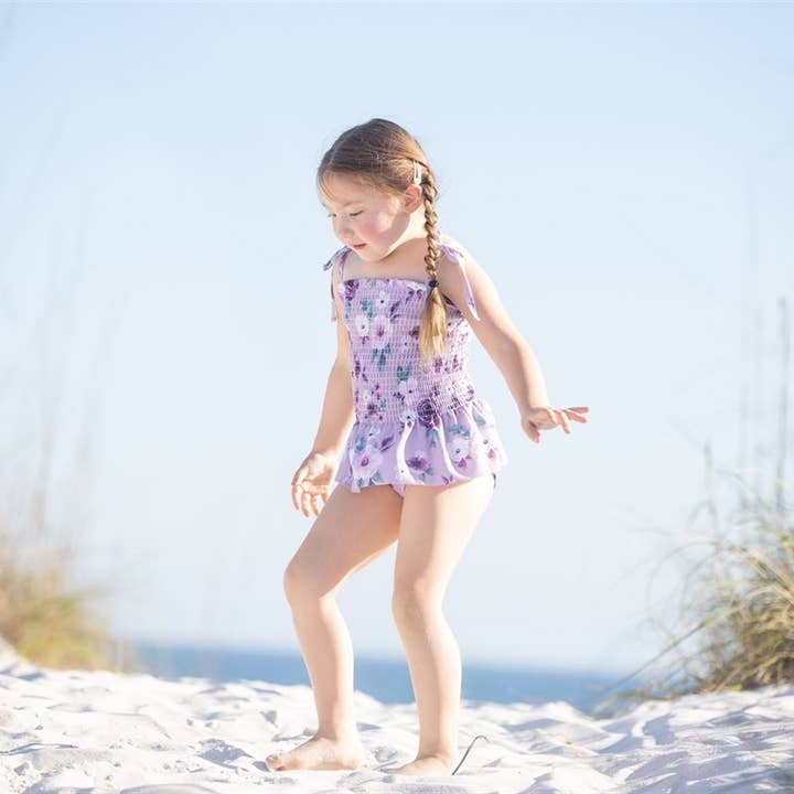 CLEARANCE Girls Swimsuits - Purple Peony - 1 Pc Accordion for wholesale by Rufflеѕ & Bоwtіеѕ - Affordable Boys & Girls Clothing
