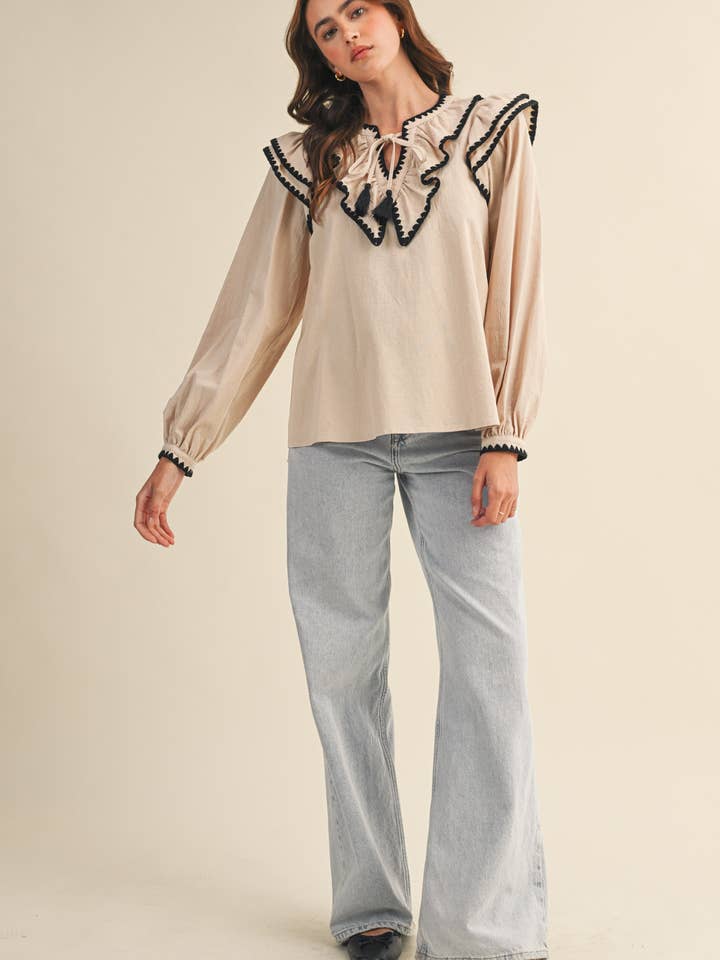 &MERCI - Wholesale Knit Top - Women's - RUFFLED BALLOON SLEEVE TOP WITH CONTRAST STITCH MTP402318