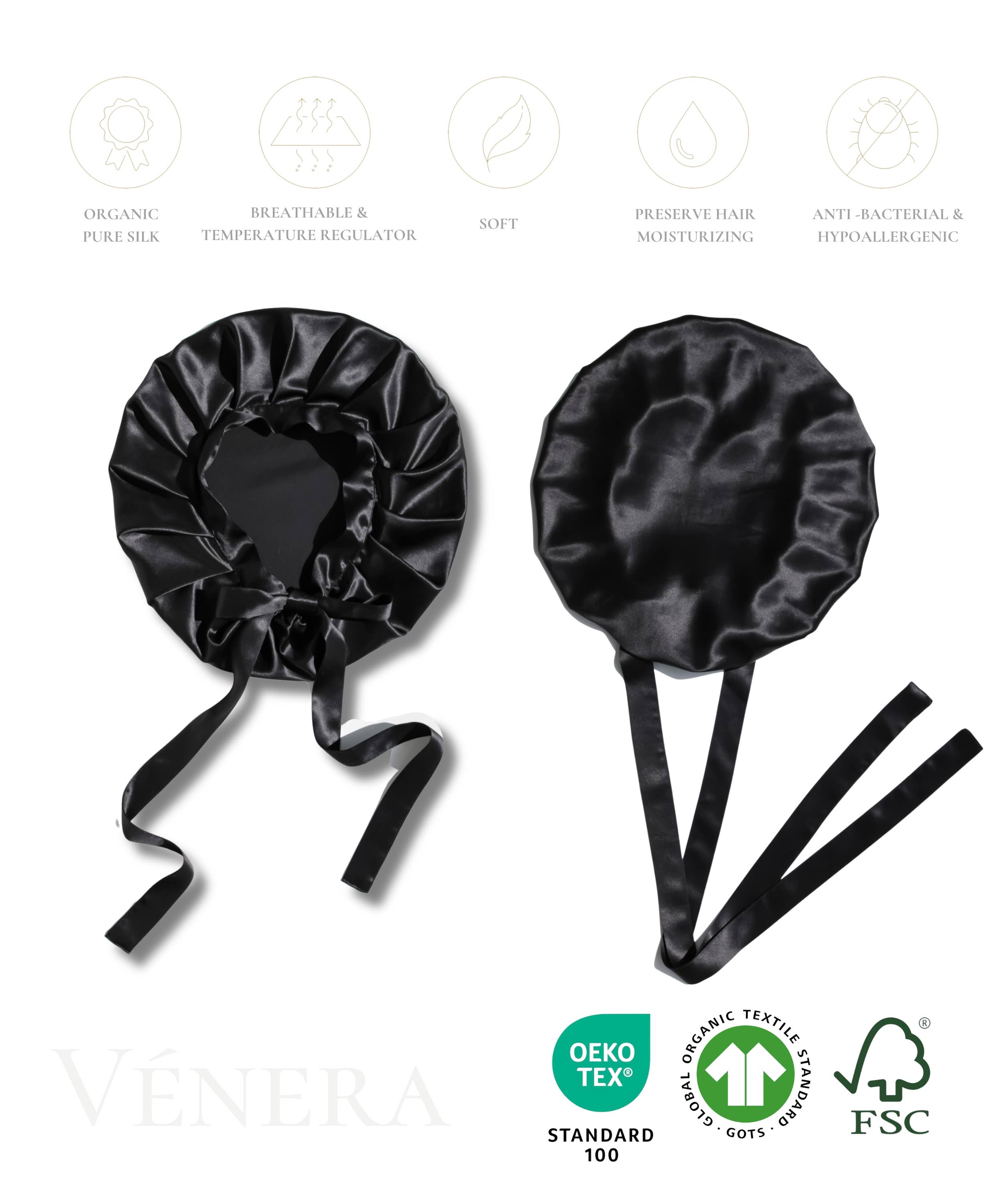 Vénera - Wholesale Sleep Cap / Bonnet - Women's - 100% Organic Pure Silk Hair Bonnet - Black1