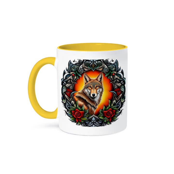 3dRose - Wholesale Coffee Mug - 3dRose, North Dakota Coyote Surrounded By Prairie Rose Tattoo Art, Mug