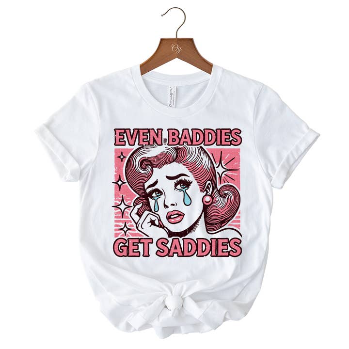 White Even Baddies Get Saddies T-Shirt, Retro Crying Girl Pop Art for wholesale on Faire