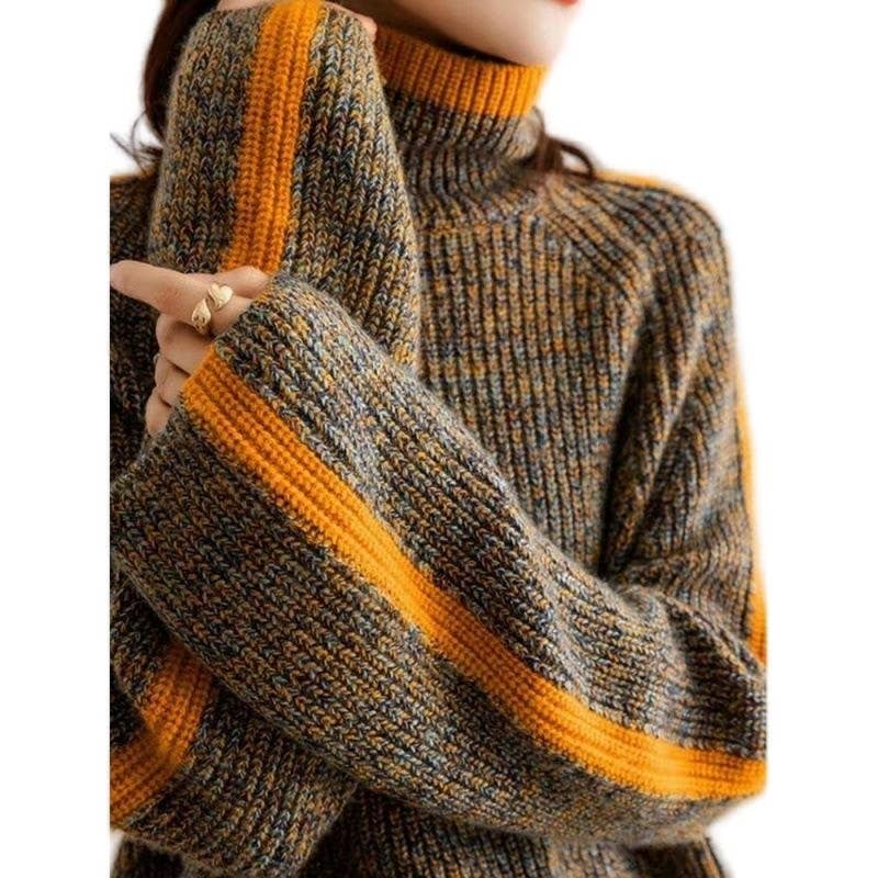 KAFFE Förtjockad turtleneck lös passform Färgblock Vintage stickad tröja för wholesale på Faire2
