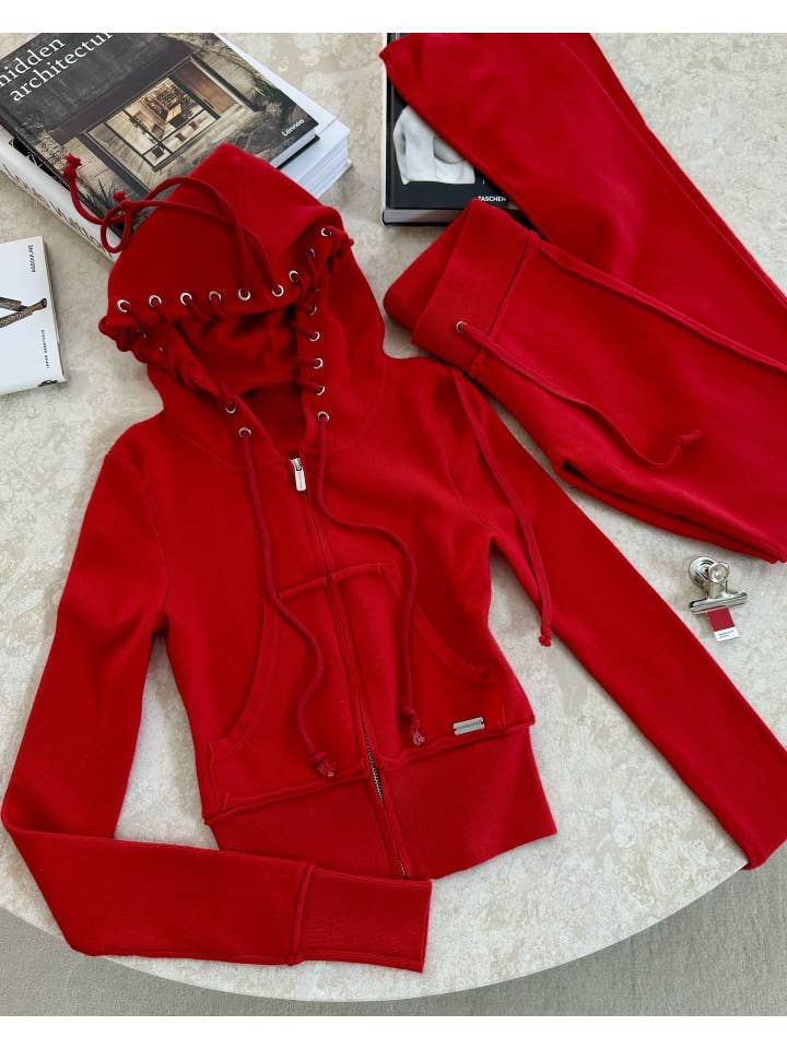 HIDDENBRAND - Wholesale Top & Pant Set (NOT Loungewear) - Women's - Y2k hooded crop zip jacket top & pants set6