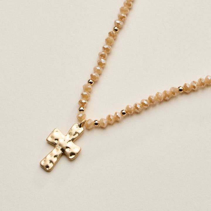 Beaded Cross Necklace for Women – Faceted Bead Necklace with Hammered Cross Pendant for wholesale by Frem