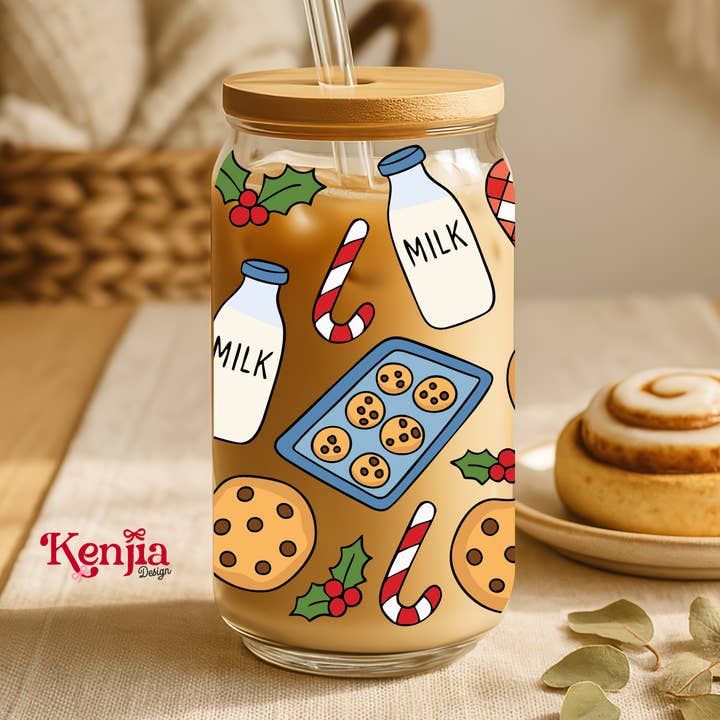 Christmas Cookies 16 OZ Glass Can With Lid & Straw for wholesale by Kenjia Design