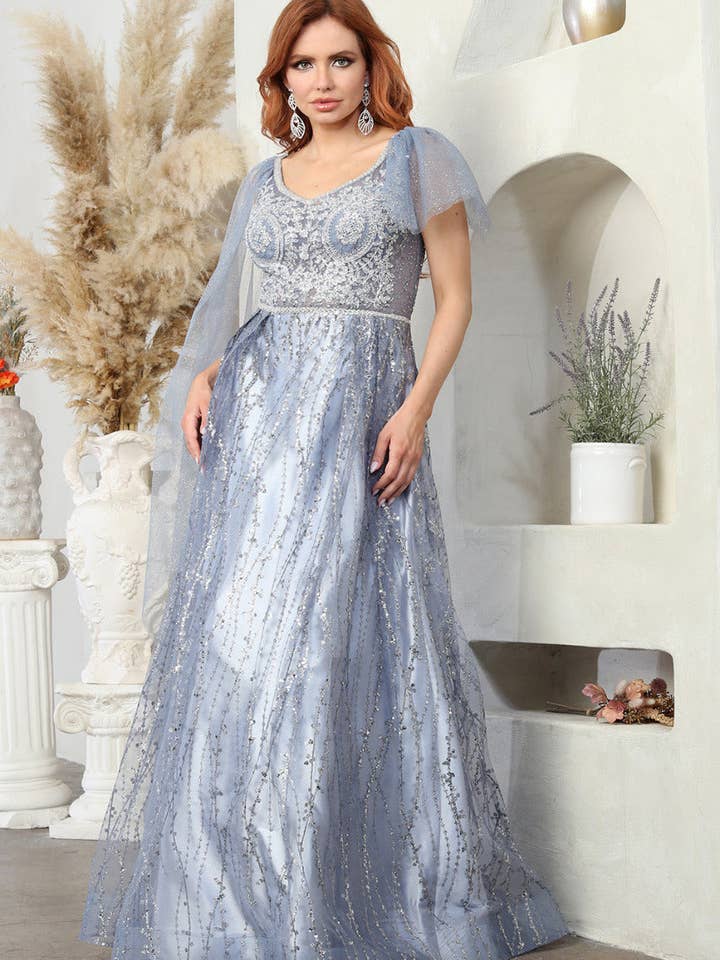 LA Merchandise LA8071 Beaded Dusty Blue Mother of the Bride Dress for wholesale on Faire