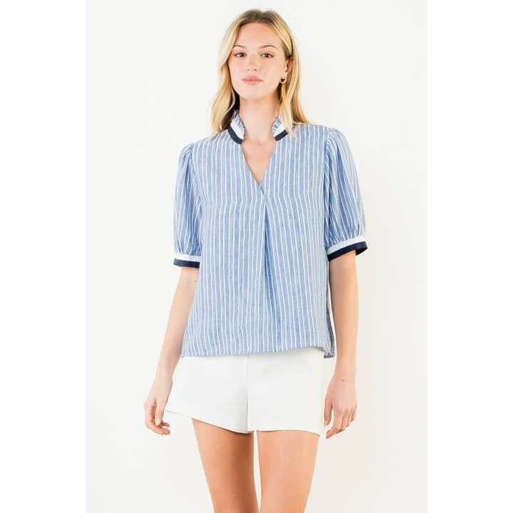 Short Sleeve Striped V-Neck Top for wholesale by THML