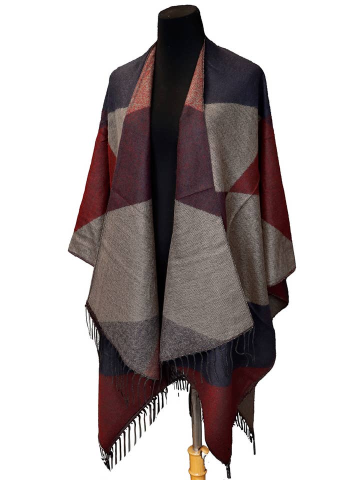Cap Zone - Wholesale Poncho - Women's - Color Block Western Oversized Ruana Poncho