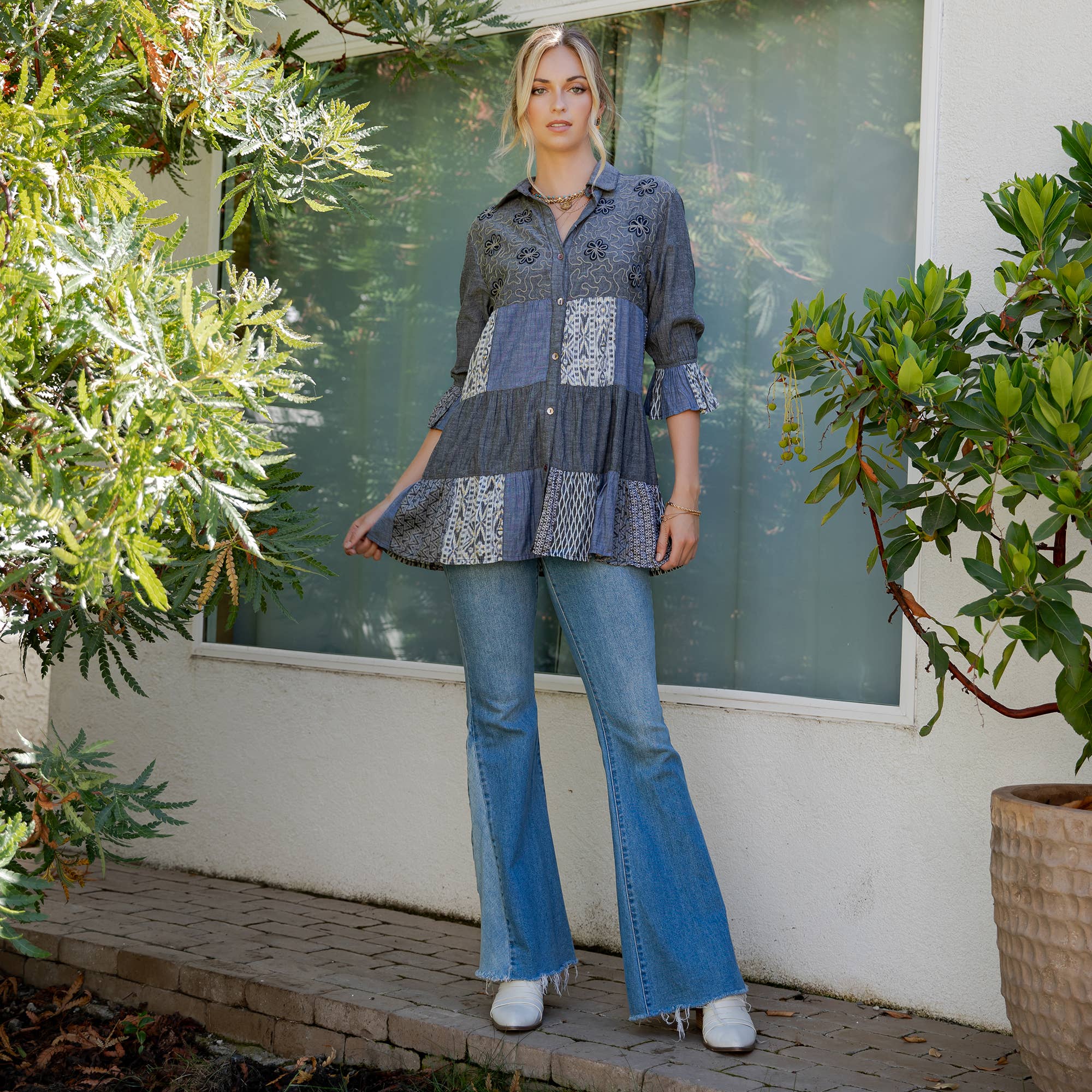 Young Threads - Wholesale Blouse - Women's - Western Denim Yoke Patchwork Tiered Tunic Top (New Color)49