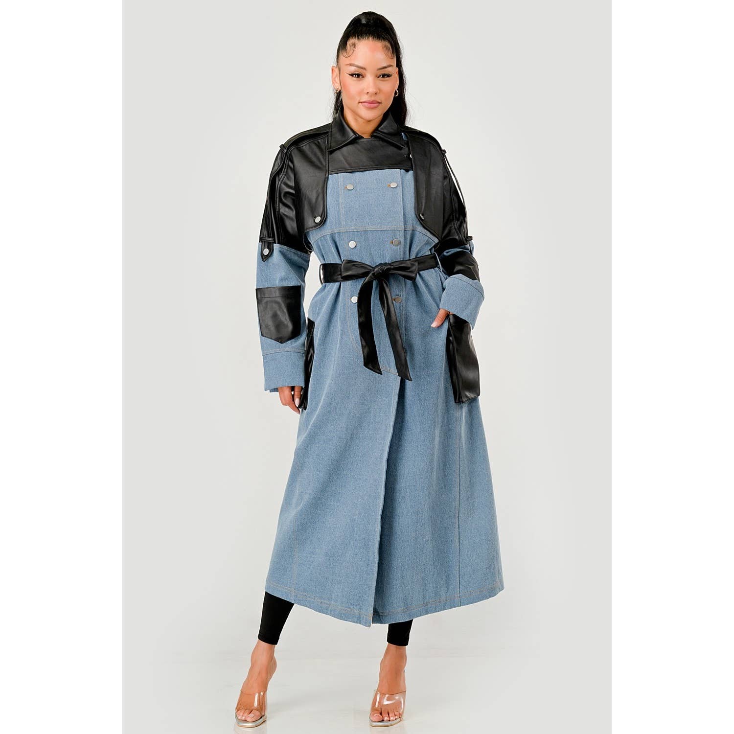 DENIM Trench-coat en denim bicolore et simili cuir en vente sur Faire1