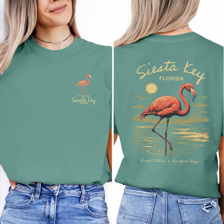 Textile Graphix - Wholesale Screen Printed T-Shirt - Women's - Siesta Key Florida T-Shirt | Flamingo Beach Souvenir Tee | Coastal Vacation Shirt | Vintage Tropical Travel Gift1