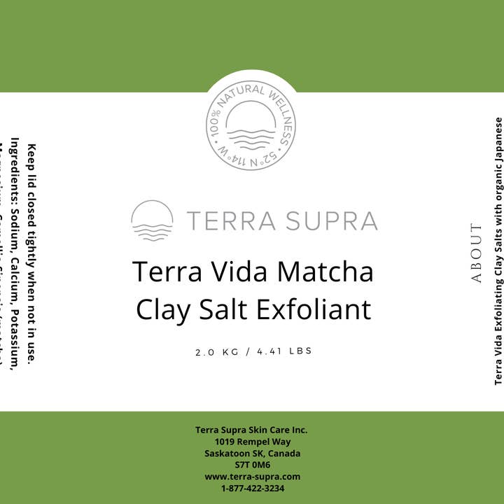 Terra Vida Clay Salt Exfoliant with Matcha for wholesale by Terra Supra Skin Care Inc