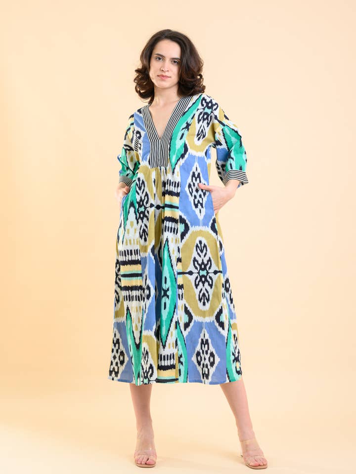 Pluto Dress Parker Ikat Blue Brown AN1032C for wholesale by Handprint Dream Apparel