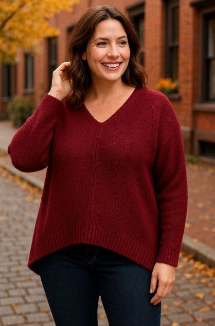 Rose pink V Neck Soft Touch Boucle Hi Low Knit for wholesale on Faire2