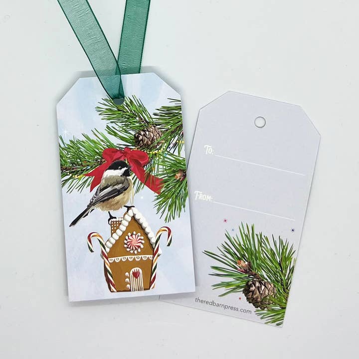 Conjunto de 8 Etiquetas de Presente de Natal: Biscoito de Gengibre, Pássaro e Alegria! por atacado de The Red Barn Press