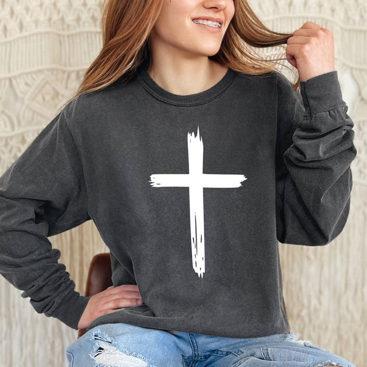 Distressed Cross WHITE DTF Heat Transfer for wholesale by Trendy Transfers