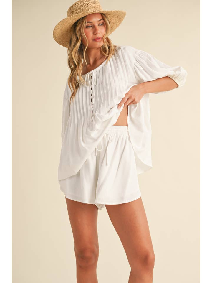 Klesis - Wholesale Top & Short Set (NOT Loungewear) - Women's - IST5779-B PIN TUCK BALLOON SLEEVE TUNIC TOP AND SHORTS SET