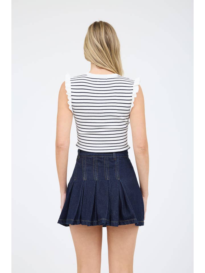 The Workshop Studio - Wholesale Knit Sweater - Women's - STRIPE RUFFLE TRIM SLEEVELESS PULLOVER SWEATER