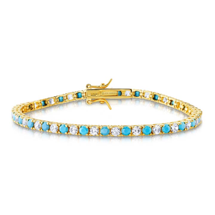 TENNIS BRACELET TURQUOISE & CLEAR, GOLD BR for wholesale by JEN HANSEN