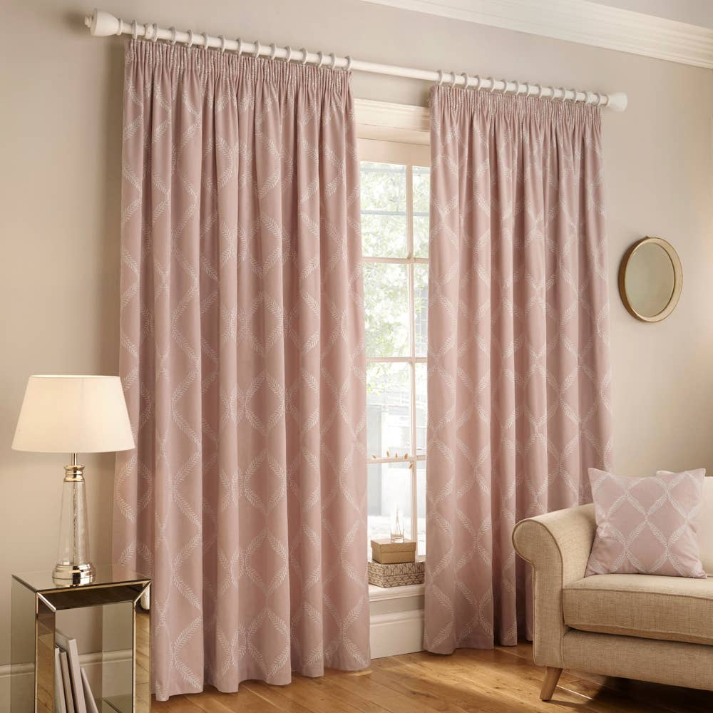 Olivia Lattice Embroidered Pencil Pleat Curtains Blush for wholesale on Faire0