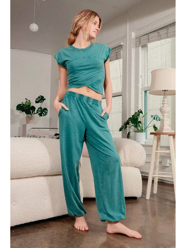 Rolled Sleeve Wrap-Front Crop Top And Jogger Set for wholesale by HYFVE