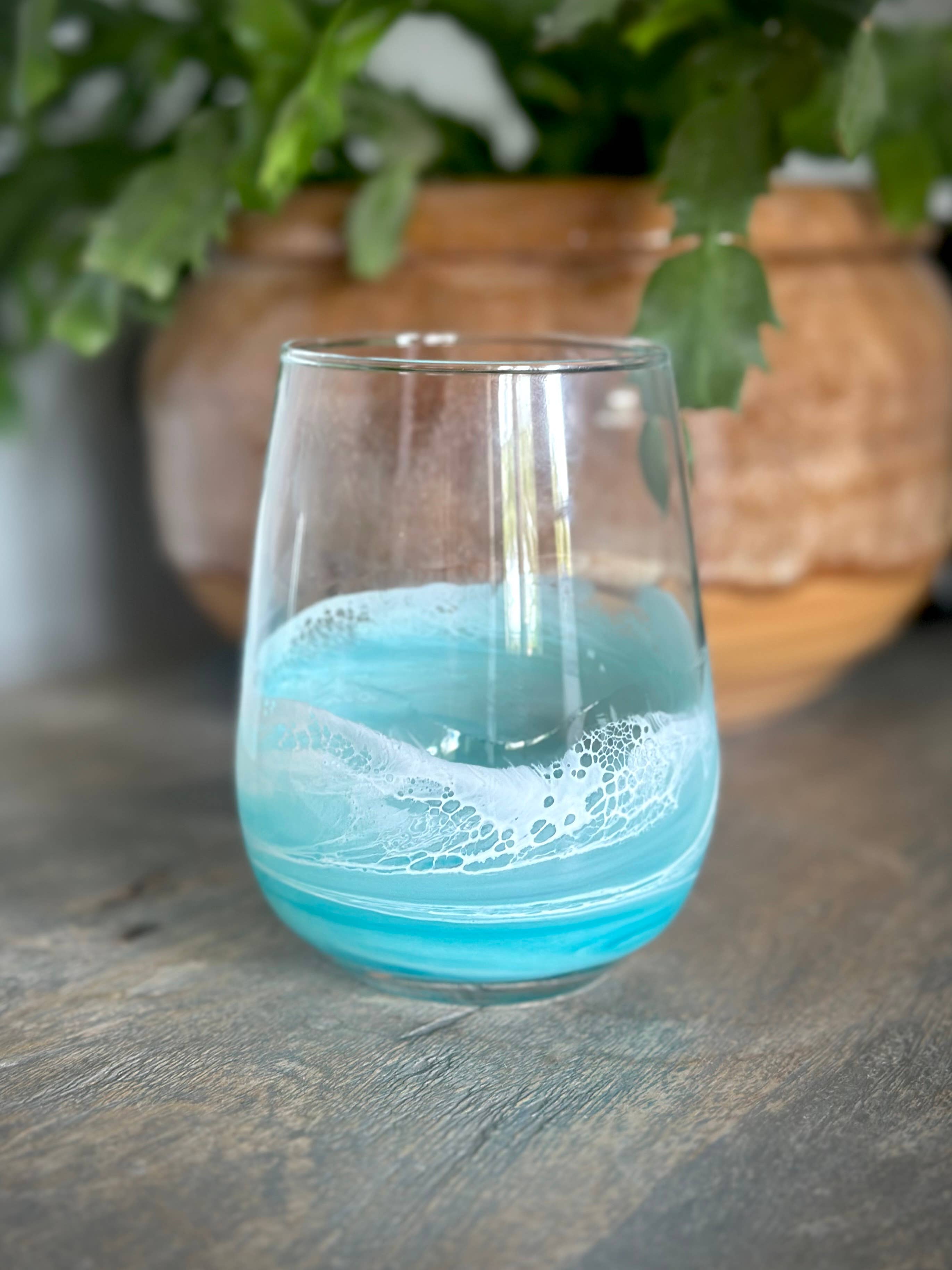Artful Nests - Wholesale Wine Glass - Stemless Wine Glass with Resin Waves - Light Teal 6