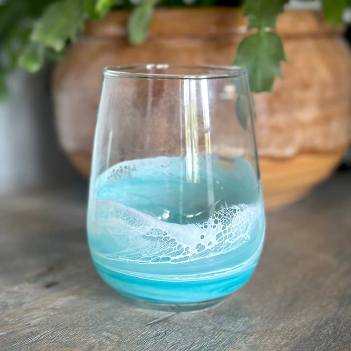 Artful Nests - Wholesale Wine Glass - Stemless Wine Glass with Resin Waves - Light Teal 6