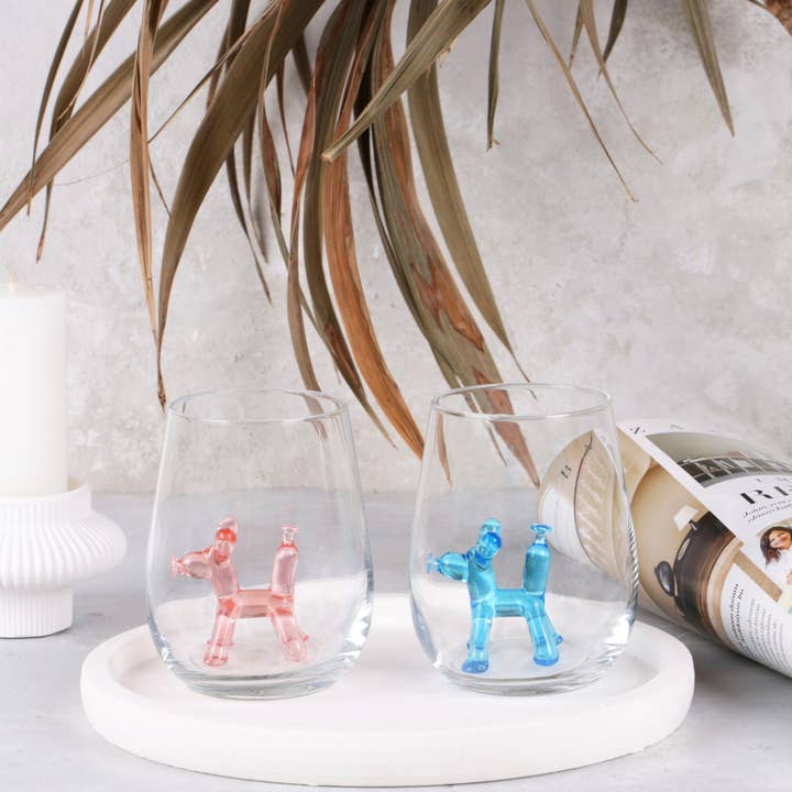 Pink Dog Drinking glass, animal cup decor, stemless wine, for wholesale by Adamodart