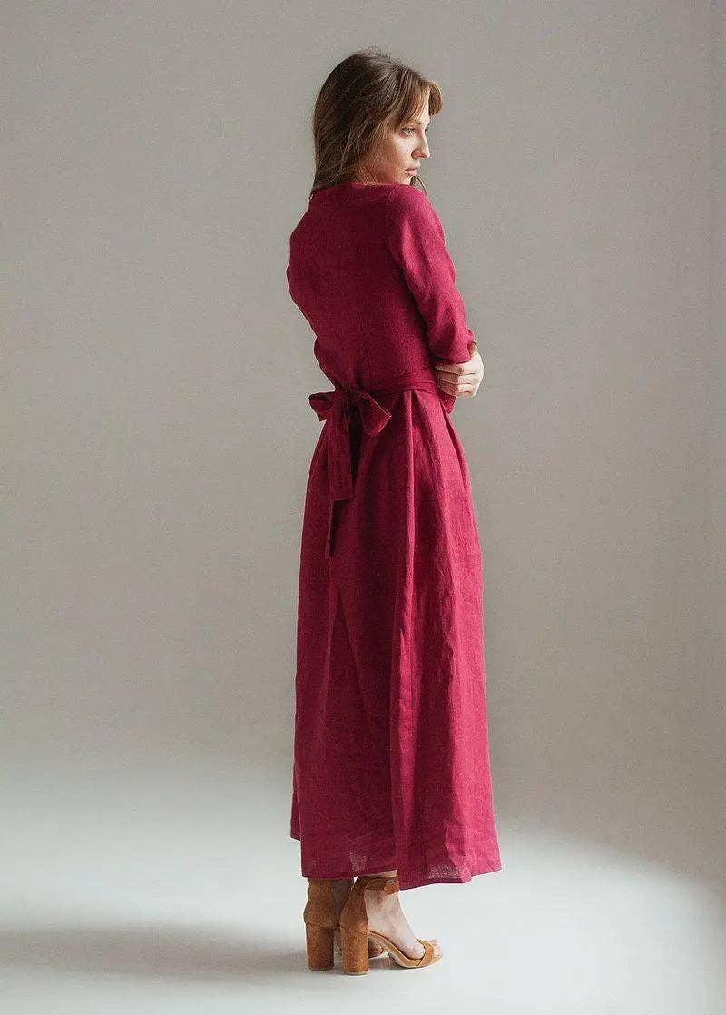 Velvety - Wholesale Dress - Women's - Burgundy Maxi Linen Dress Janet2