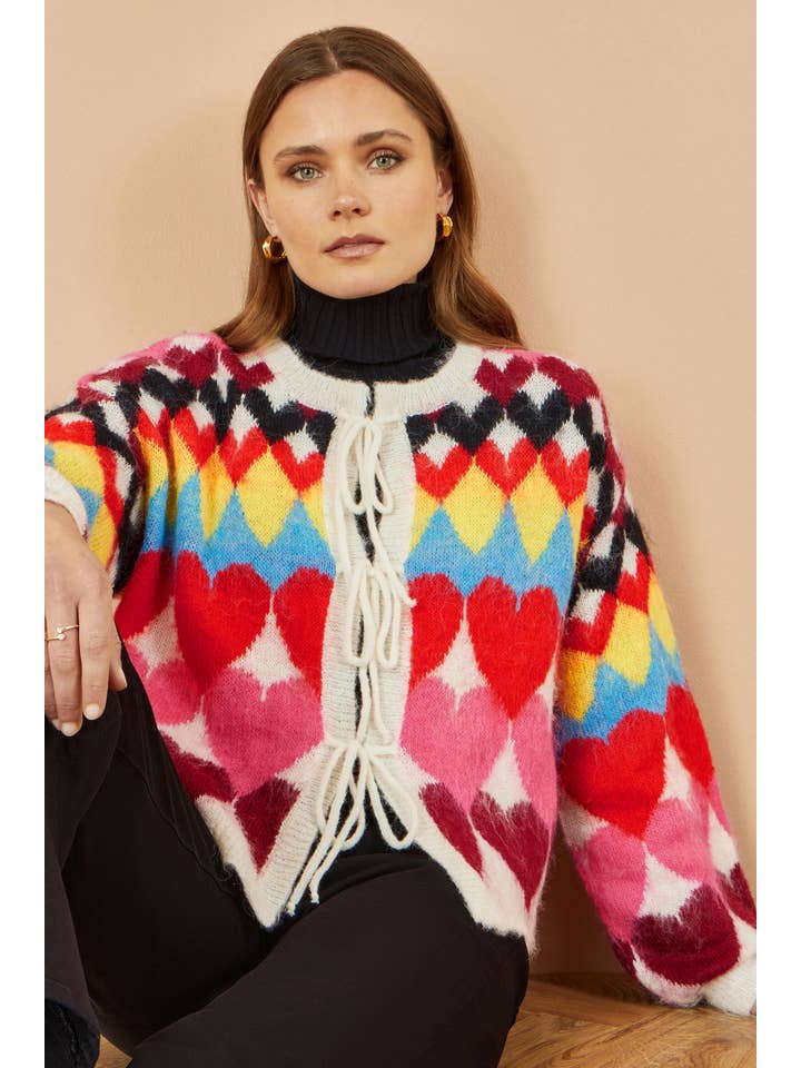 Multi Yumi Multicolour Tie Front Heart Intarsia Cardigan for wholesale on Faire