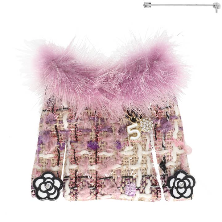 SP Sophia Collection - Wholesale Brooch - Fashionista Faux Fur Collared Cardigan Brooch Pin