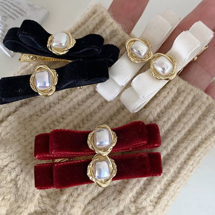 XO Fashion - Wholesale Hair Clip - Women's - HCY006 Ultra-exquisite French Velvet BowTie pearl Hair Clip3