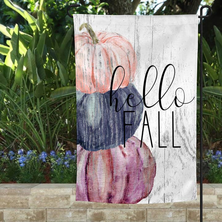Garden Flag - Hello Fall Stacked Pumpkins Decor for wholesale by The Spotted Zebras