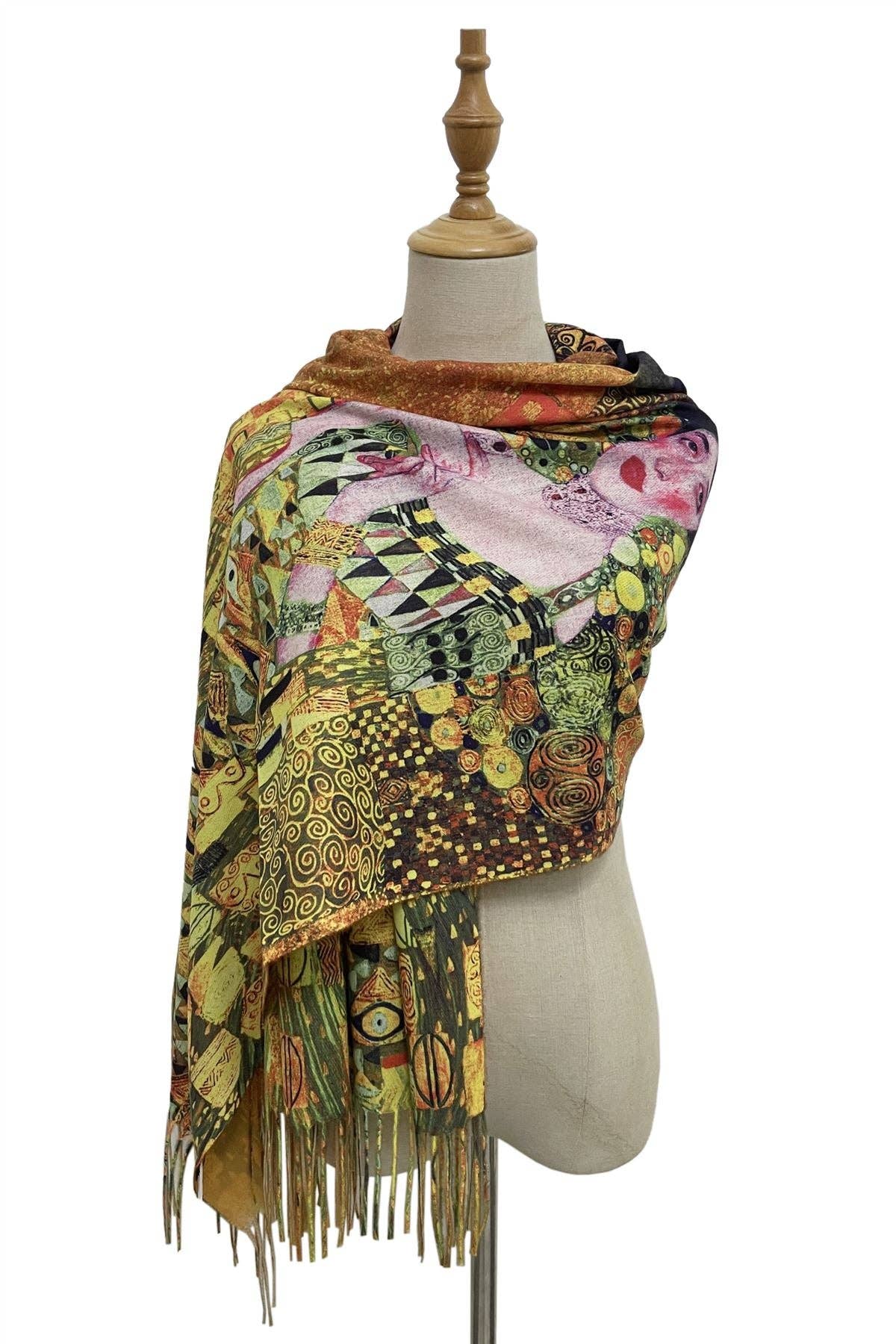 Fashion Scarf World - Wholesale Scarf - Women's - Klimt 'Portrait Of Adele' Print Wool Tassel Scarf7