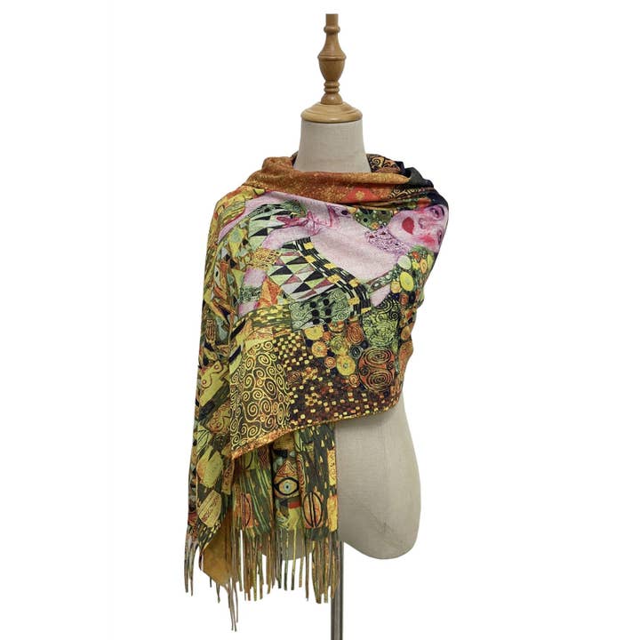 Fashion Scarf World – wholesale Scarf – Women's – Klimt 'Portrait Of Adele' Print Wool Tassel Scarf7